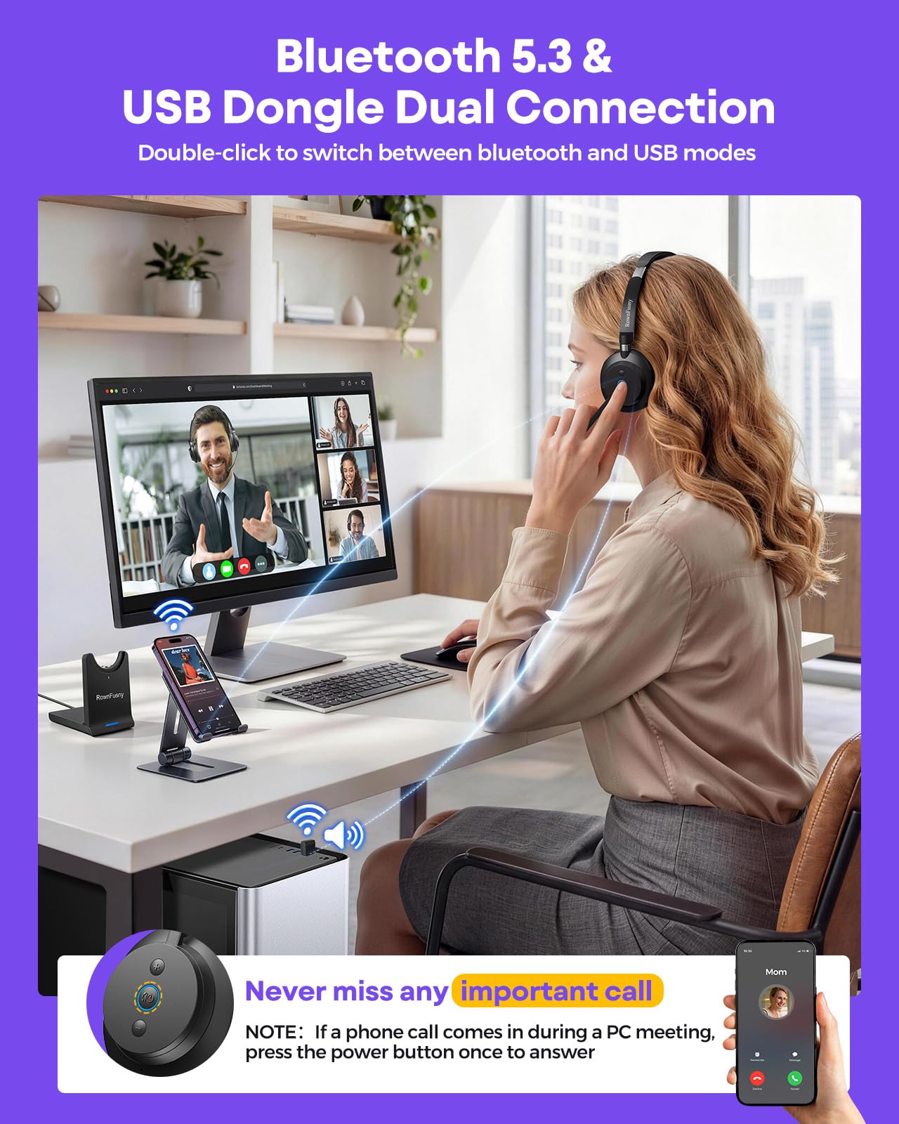 Wireless Headset with Mic for Work, Clear Sound ＆ Comfortable ＆ Stable Connection, Bluetooth Headphones with Microphone, Wireless Headset with Charging Base & USB Dongle for Office/Home/Call Center