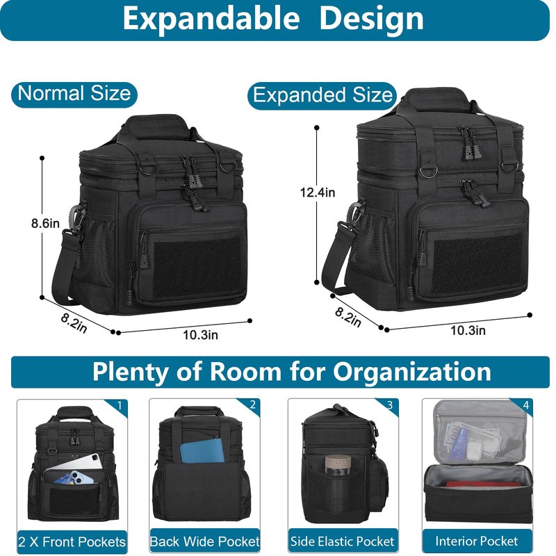Tactical Lunch Box Cooler Bag - Expandable Insulated Lunch Bag for Men Women - Large Lunchbox for Adults Work Shifts Outdoor Trips Black 16L