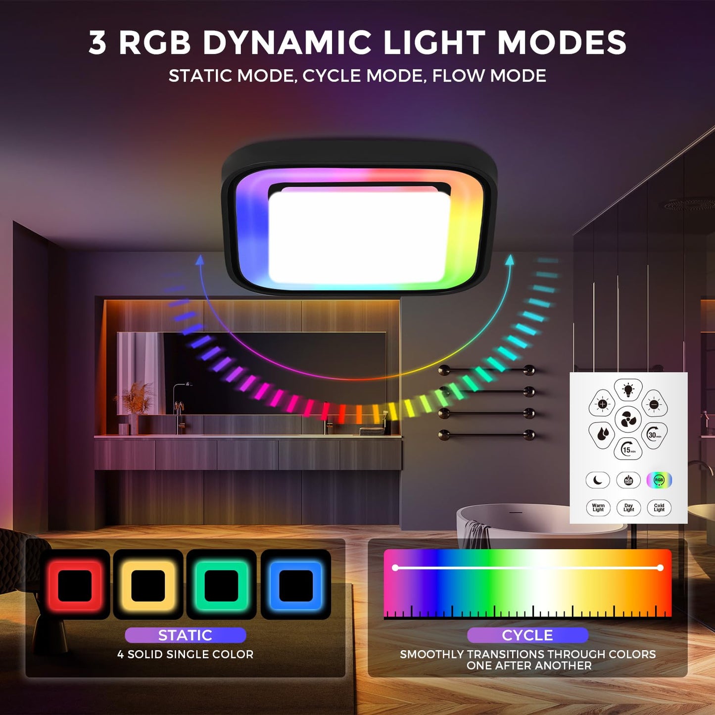 Akicon Bathroom Exhaust Fan with RGB LED Light, 110 CFM 1.5 Sone Ultra Quiet Bathroom Vent Fan for Ceiling, 3CCT Dimmable Light & Nightlight, Remote Control, Square (Black)