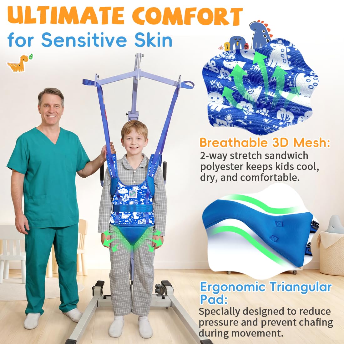 EZ ASSISTIVE Patient Lift Sling for Child Walking Training, Breathable 3D Mesh Medical Transfer Sling with Adjustable Buckles & Leg Pads, Patient Lift Aid for Home Use, 330lbs