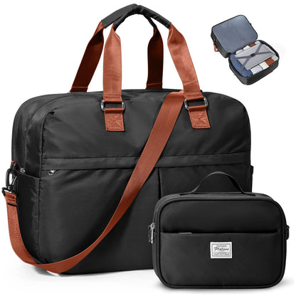 Expandable Personal Item Travel Duffle Bag Weekender Bag for Women Men, Overnight Hospital Carry On Bag with Toiletry Bag for Airplanes Travel Business Trips Sport,Black & Brown