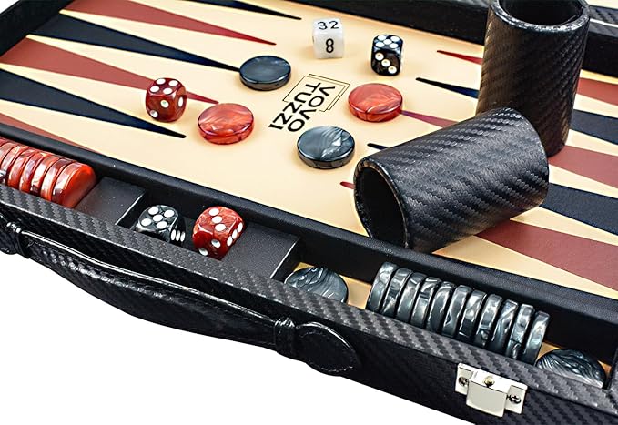 Backgammon Sets for Adults 15 Inch Backgammon Board Game Premium Carbon Fiber PU Leather Backgammon Set with Checkers &amp Dices Large Black Travel Backgammon