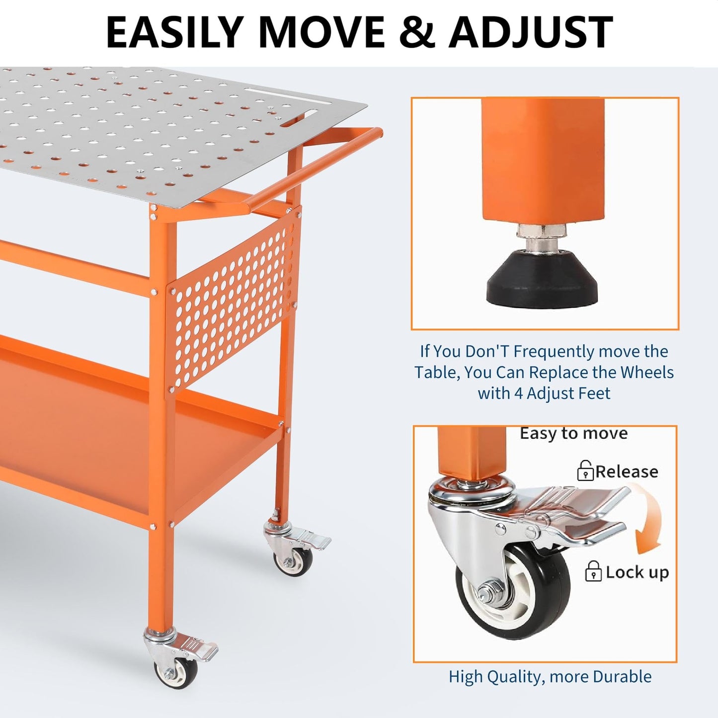Welding Table, 36" x 24" Welding Workbench with 800LBS Steel Frame, Portable Welding Bench with 2 Brake Wheels & 4 Adjustable Feet, Side Hanging Board, 178 5/8" Fixture Holes for Garage Workshop