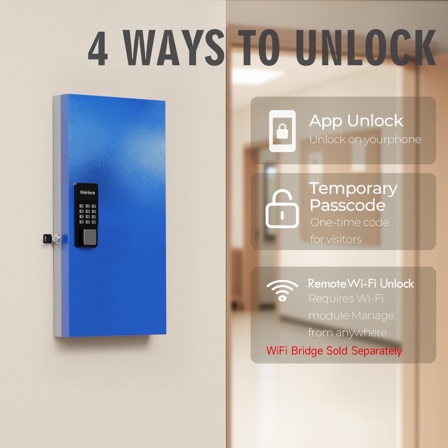 WeHere 48-Key Smart Key Lock Box Wall-Mount, Key Cabinet with Key Management App(Track Key Borrow/Return), Keypad, Bluetooth & WiFi Unlock (Sold Separately) for Commercial, School, Rental, Office