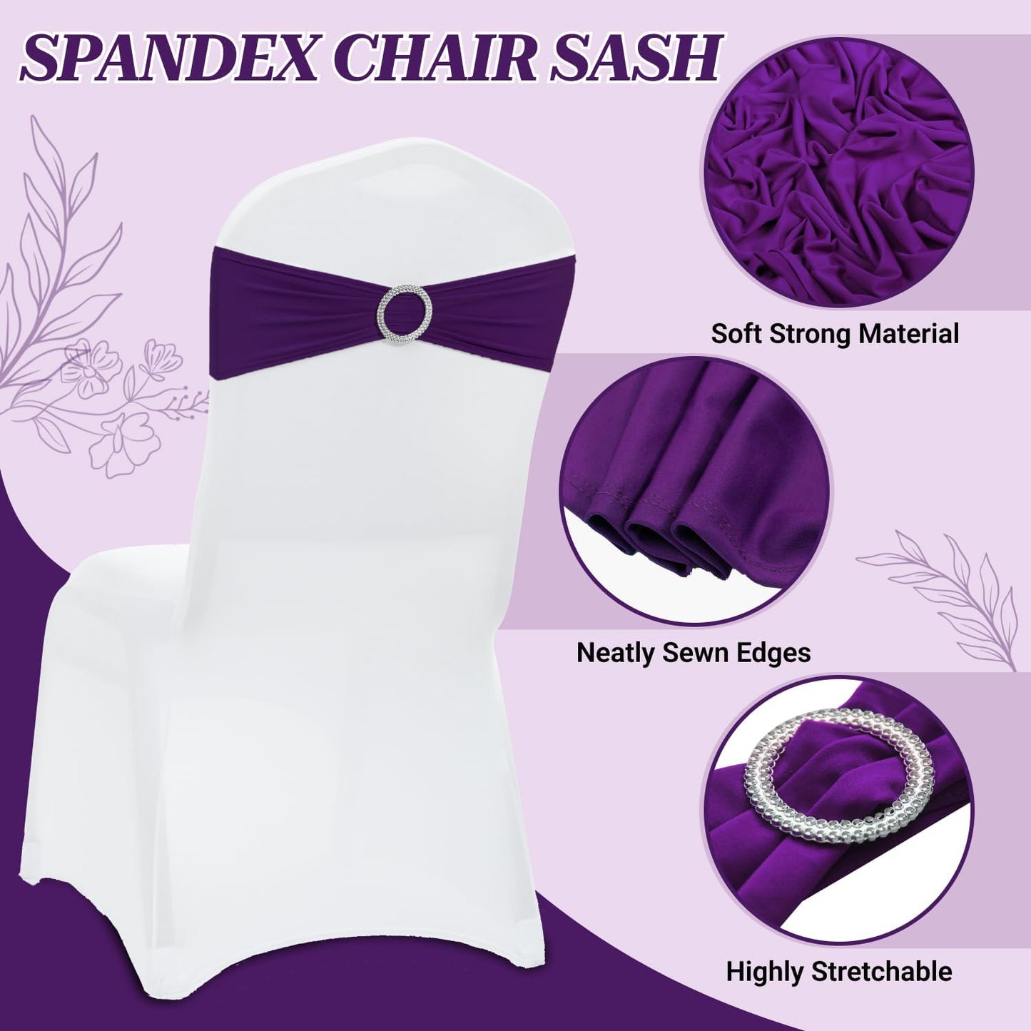 MDS Premium Spandex Chair Sashes - Pack of 10 Stretch Covers with Buckle Slider | Purple for Weddings & Events