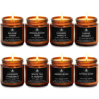 8 Pack Soy Wax Scented Candles Gift Set, Aromatherapy Candles with Lavender Chamomile, Citrus Sage, Caramel Vanilla, Coffee Whiskey, Long Lasting Stress Relief Candle, Unisex Home & Gift Set