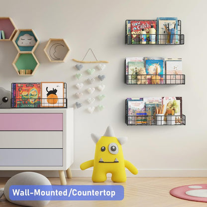 MFTEK Wall Mounted Metal Kids Bookshelf - Wall Book Shelf for Kids Rooms, Hanging Book Shelves Organizer for Room Decor, Nursery Classroom Home Floating Bookshelves Black 4 Pack