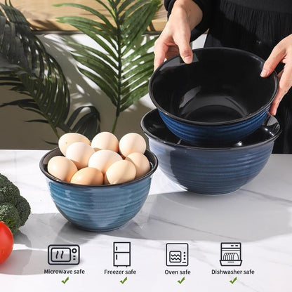 Tikooere Ceramic Mixing Bowls,Large Serving Bowls 2.1/1.5/1.0 Qt,Salad Bowls Set of 3 for Kitchen Space Saving Storage,Nesting Bowls for Popcorn,Soup,Fruit, Microwave & Dishwasher Safe,Navy Blue