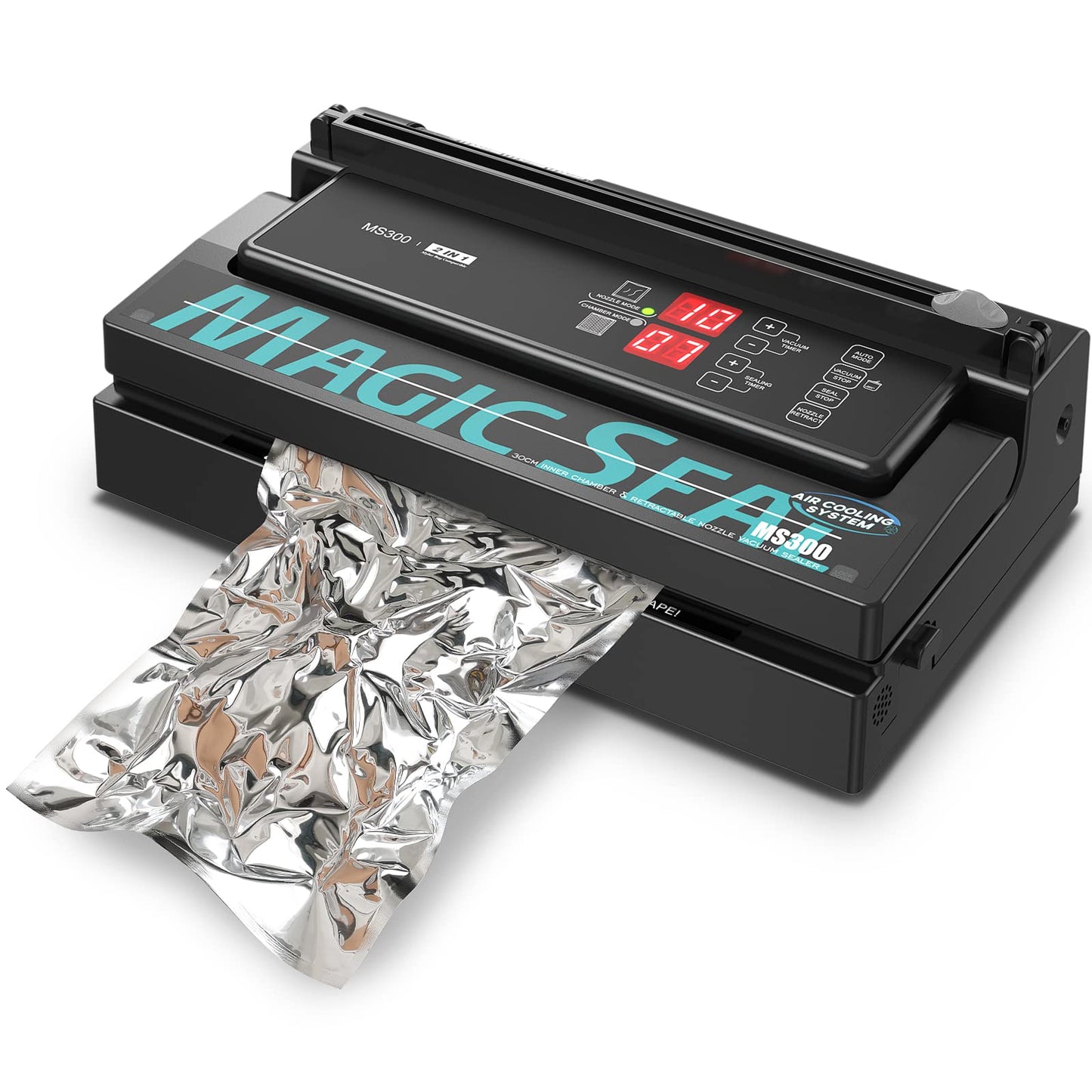 MAGIC SEAL Commercial Dual Mode Vacuum Sealer - for Textured & Smooth/Mylar Bags, 190W Food Sealer Vacuum Packing Machine with Auto Cooling System, Adjustable Air & Seal Settings -MS300