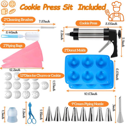 45PCS Cookie Press Gun Kit:Bake Churros,Cookies&Donuts with Stainless Steel Cookie Shooter,Decorating Baking Tools with Cookie Disc,Cleaning Brushes,Piping Bag for Baker,Mothers Day Gift for Baker