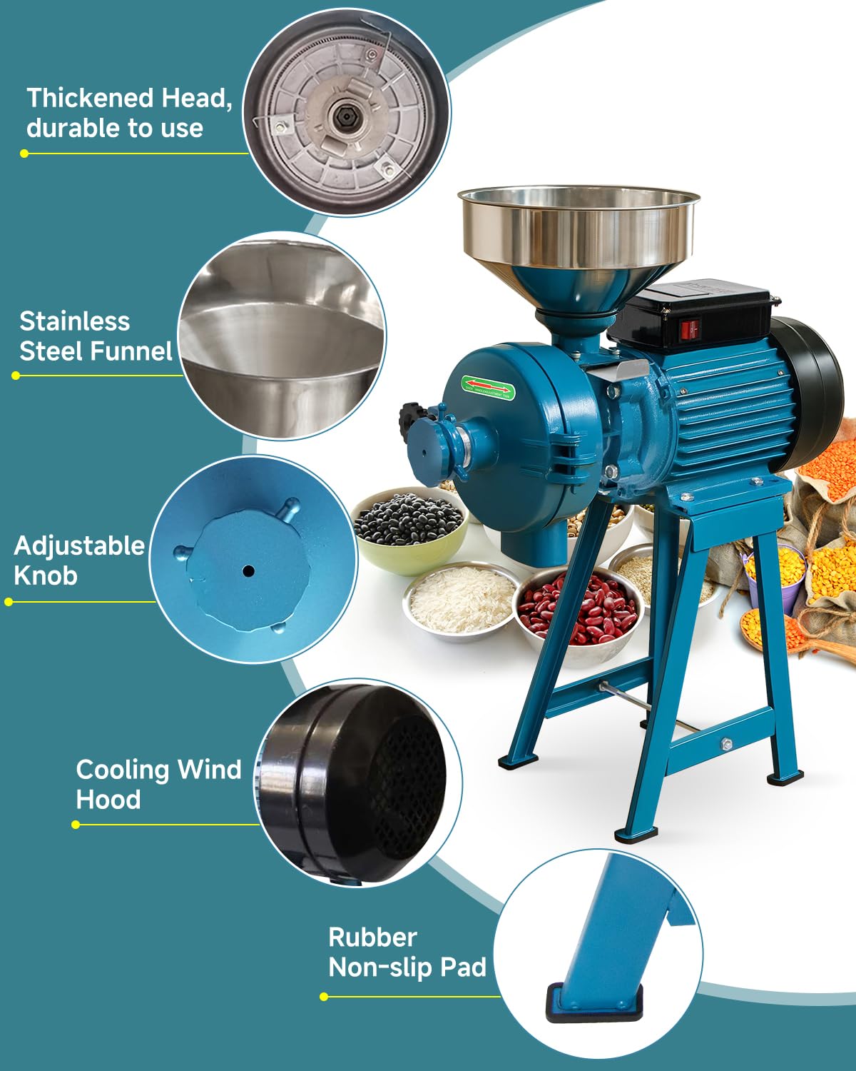 NAIZEA Electric Grain Mill Grinder, 3000W Wet & Dry Corn Mill Grinders,Commercial Flour Mill Machine with Funnel, Feed Grinders for Corn, Wheat, Rice, Coffee, Cereals(Wet Dry Grinder)