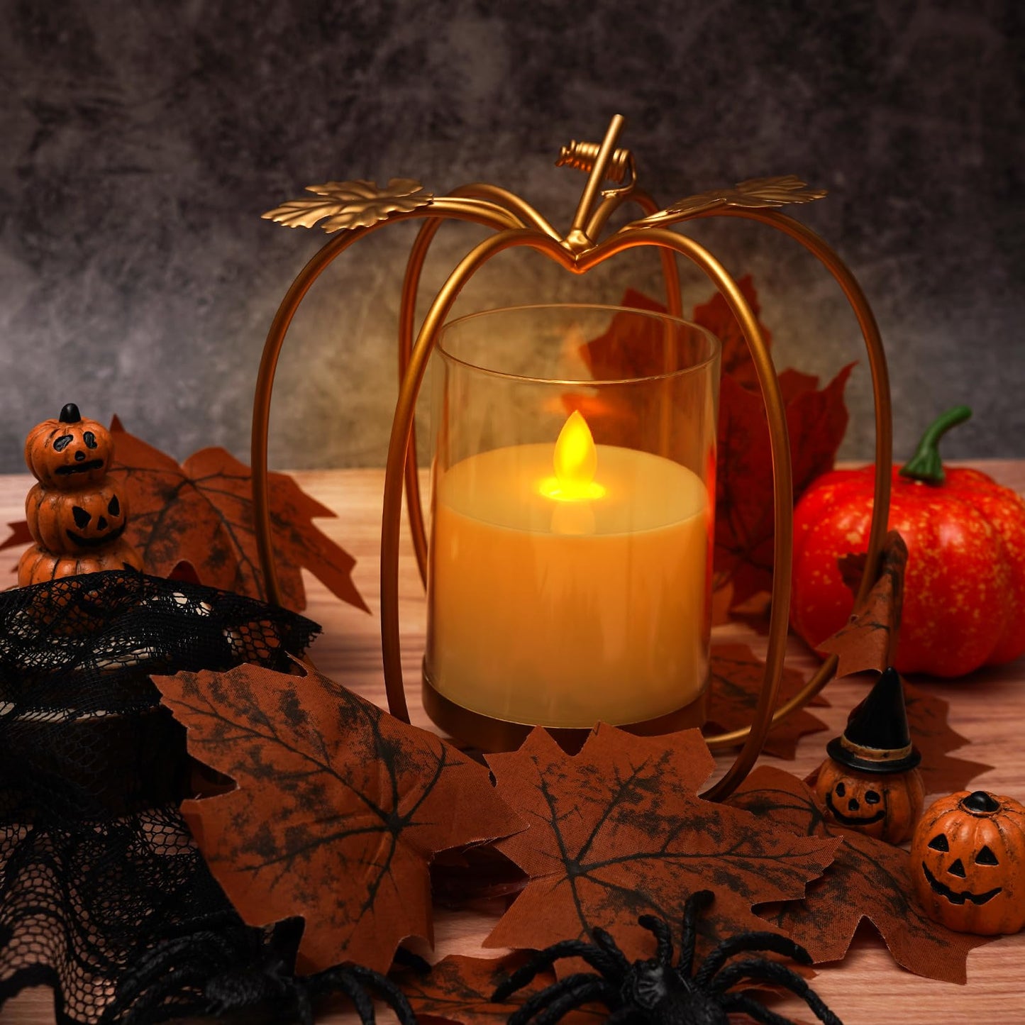 ZpigToor 6.9" Metal Pumpkin Candle Holder with LED Candle,Fall Candle Holder Fall Centerpieces for Dining Table,Coffee Table,Dining Room Decorations