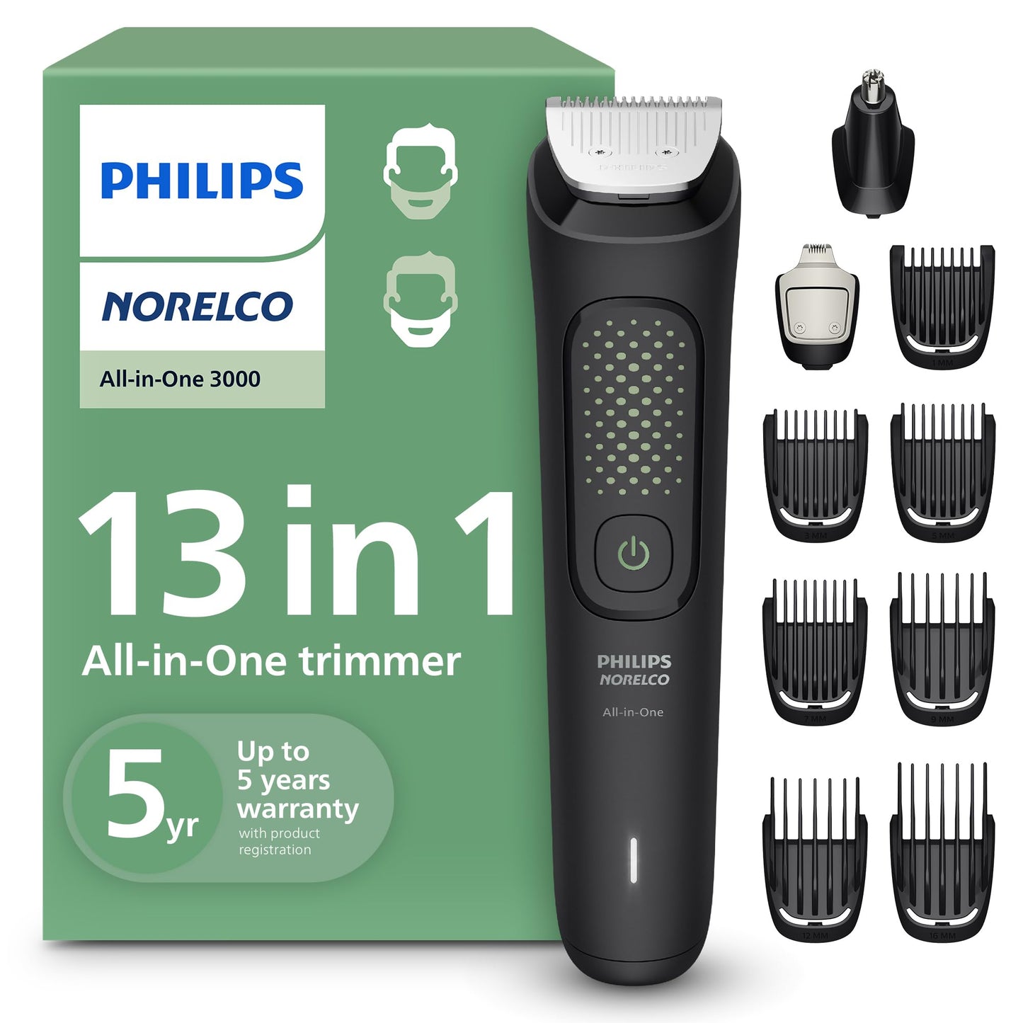 Norelco Philips Multigroom 3000 Series, All-in-One Trimmer, Beard Trimmer and Hair Clipper, 15-Piece Men's Grooming Kit for Head, Beard, Face, Nose, Ears, No Blade Oil Needed, Soft Pouch, MG3770/40