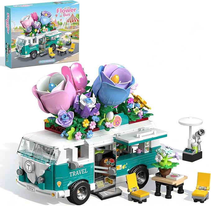 Flower Car Building Block Set City Camper Van Building Set Botanical Collection Flowers Vehicles Blocks Toys Friends Creative Gift for Boys Girls 6-12 Years Old (862 pcs)