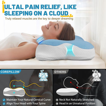Cervical Memory Foam Pillow for Neck Support, Ergonomic Contour Pillow for Back and Side Sleepers, Breathable Slow-Rebound Foam, Cloud-Like Comfort (2, White)