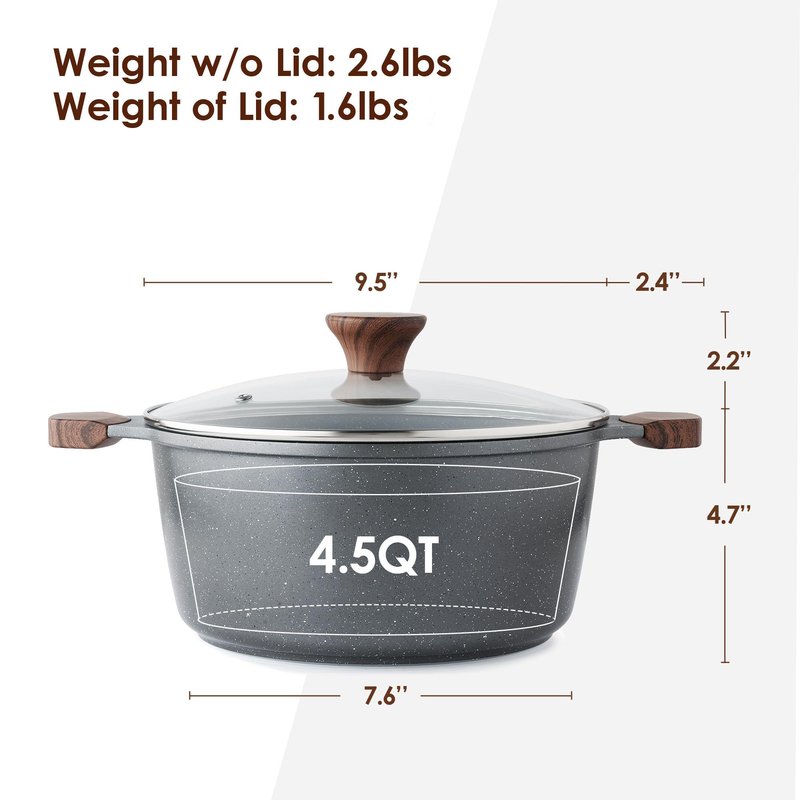 SENSARTE Nonstick Stock Pot with Lid, 4.5 Quart Induction Cooking Pot with Tempered Glass Lid, Stew Pot with Swiss Nonstick Granite Coating, PFOA PFOS APEO Free, Gray