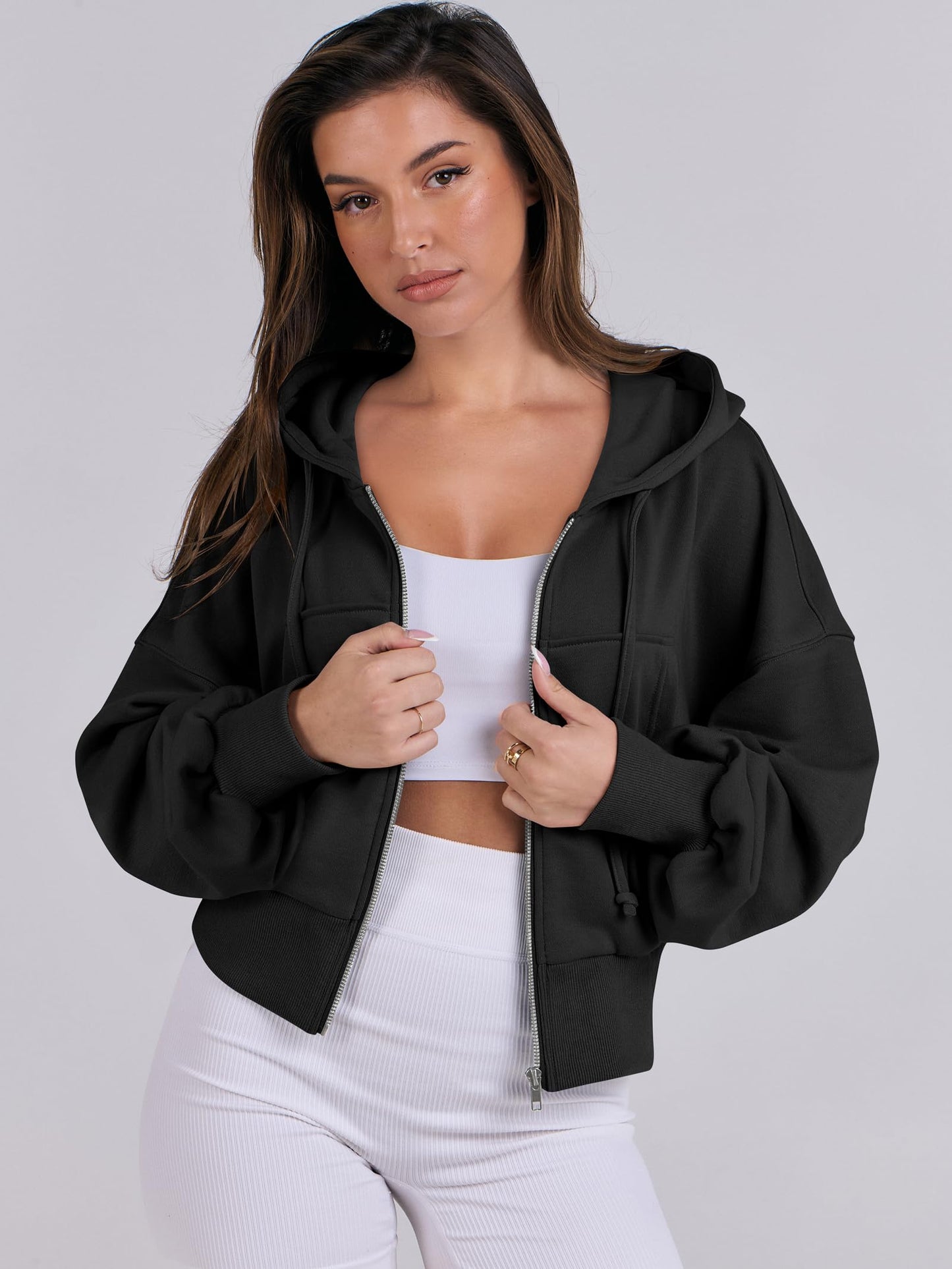 ANRABESS Women's Zip Up Hoodies Cropped Sweatshirts Casual Zip Jackets 2025 Fashion Trendy Fall Outfits Black Large