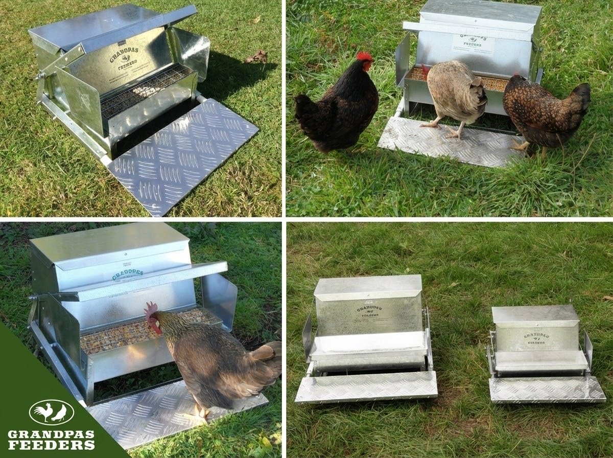 Grandpas Feeders Automatic Chicken Feeder - 20 lbs No Waste Poultry Feeder, Rat Proof & Rodent Proof Treadle Chicken Feeder, Galvanized Steel with Lid, Feeds 6 Chickens up to 10 Days
