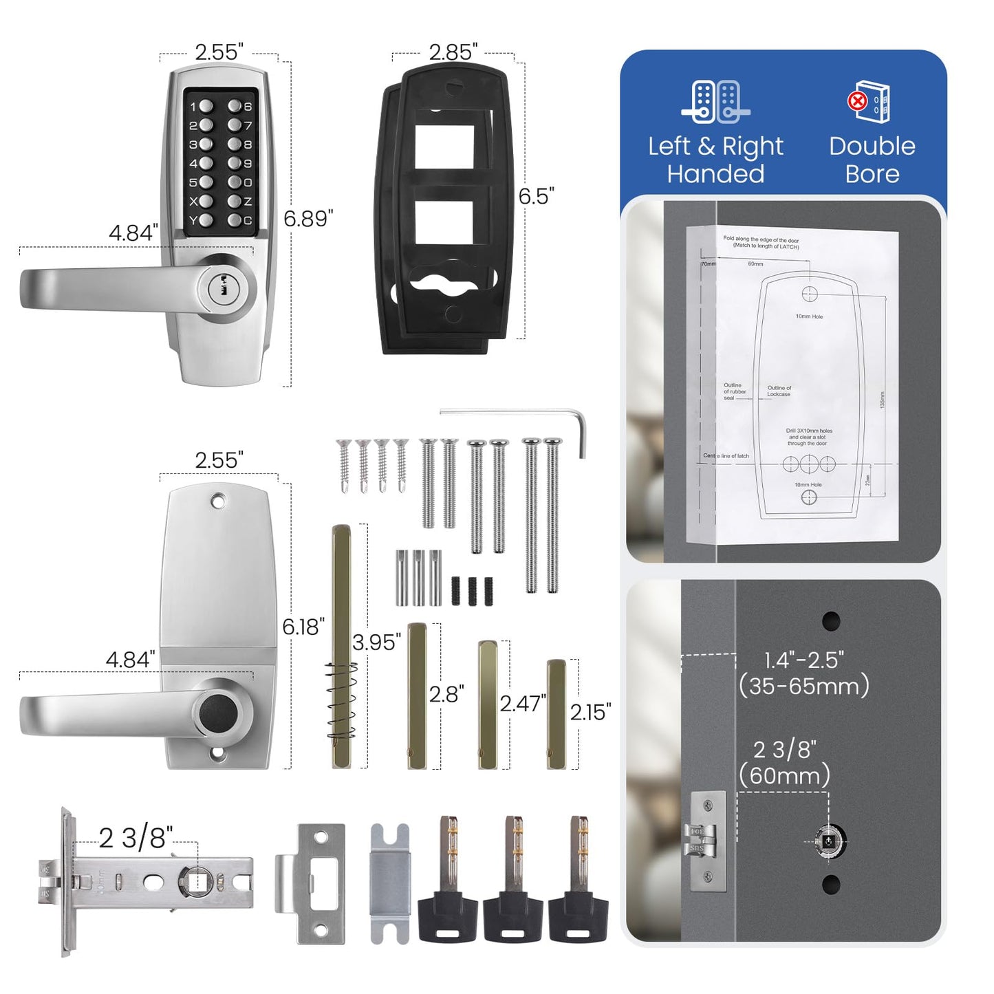 LVOZ Keyless Entry Door Lock with Handle - Mechanical Door Lock 100% Without Batteries - Easy to Install & Use - Keypad Lock on Zinc-Alloy, Water and Sun Proof for Indoor or Outdoor