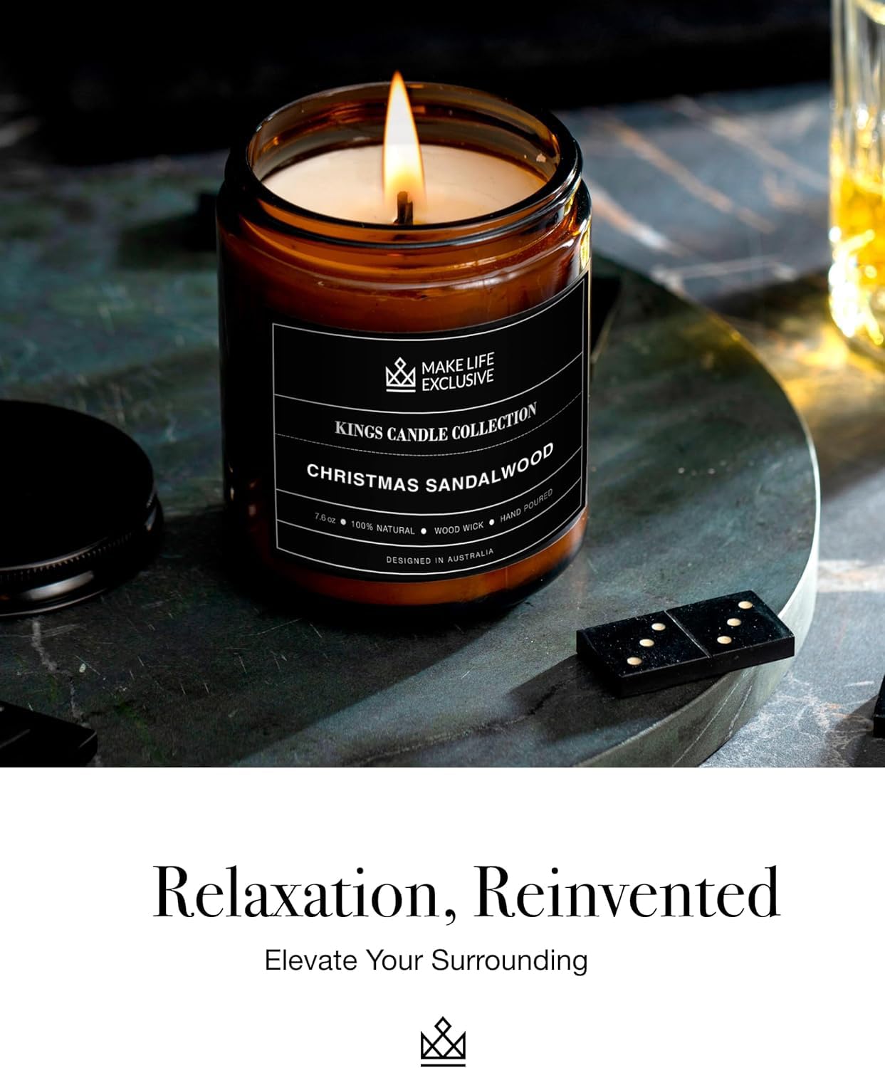 Scented Candles for Men | Christmas Sandalwood | Wooden Wick, Long Lasting, Masculine Scents | Natural Soy Jar Candle for Home, Bacehlor Pad Decor | The Perfect Mens Gift