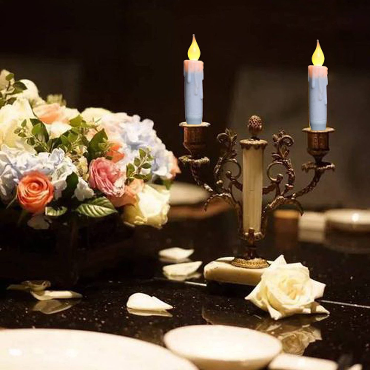 CVHOMEDECO. Flickering Taper Candles LED Drip Flameless Candles, Battery Operated with Timer, White, 4-3/4 Inch, Set of 2