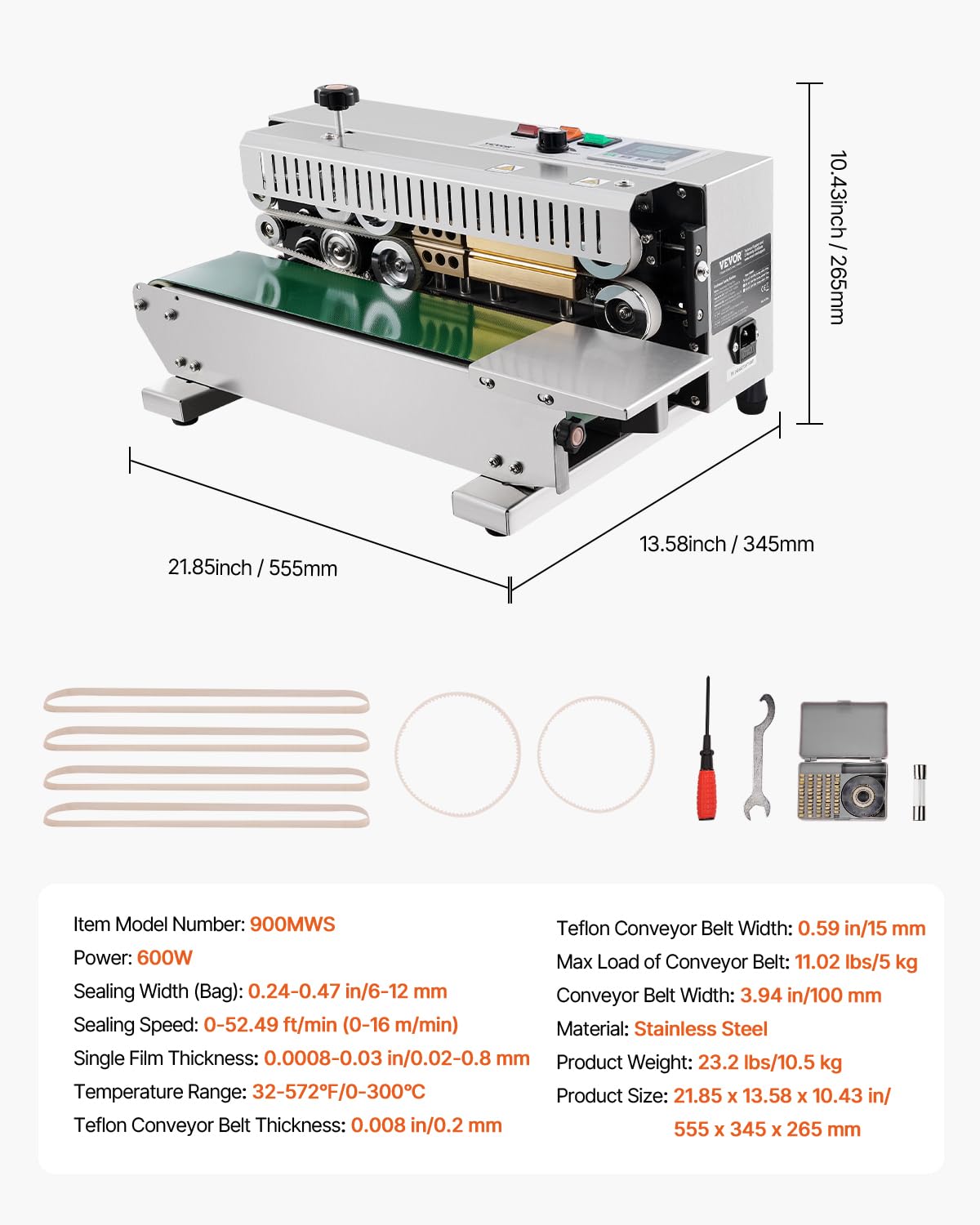VEVOR Continuous Bag Band Sealing Machine, 0.24-0.47 in/6-12 mm Seal Width, Horizontal Band Sealer Machine with Digital Temperature Control Stainless Steel Bag Sealer for 0.02-0.8 mm Plastic Bag Film
