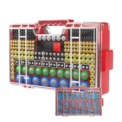 Narotood Battery Organizer Storage Holder Box Case with Tester, Ultra-Large 280+ Batteries Double-Sided Variety Pack,Holds AA AAA 4A C D Cell 9V 3V Lithium18650 LR44 CR2 CR123 CR1632 - Red