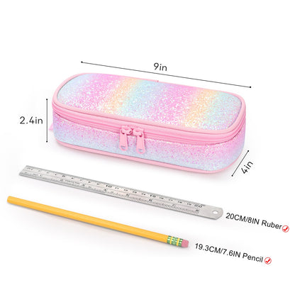 mibasies Girls Pencil Case for Kids, Multi-Slot Pencil Pouch, Pink Blue Rainbow