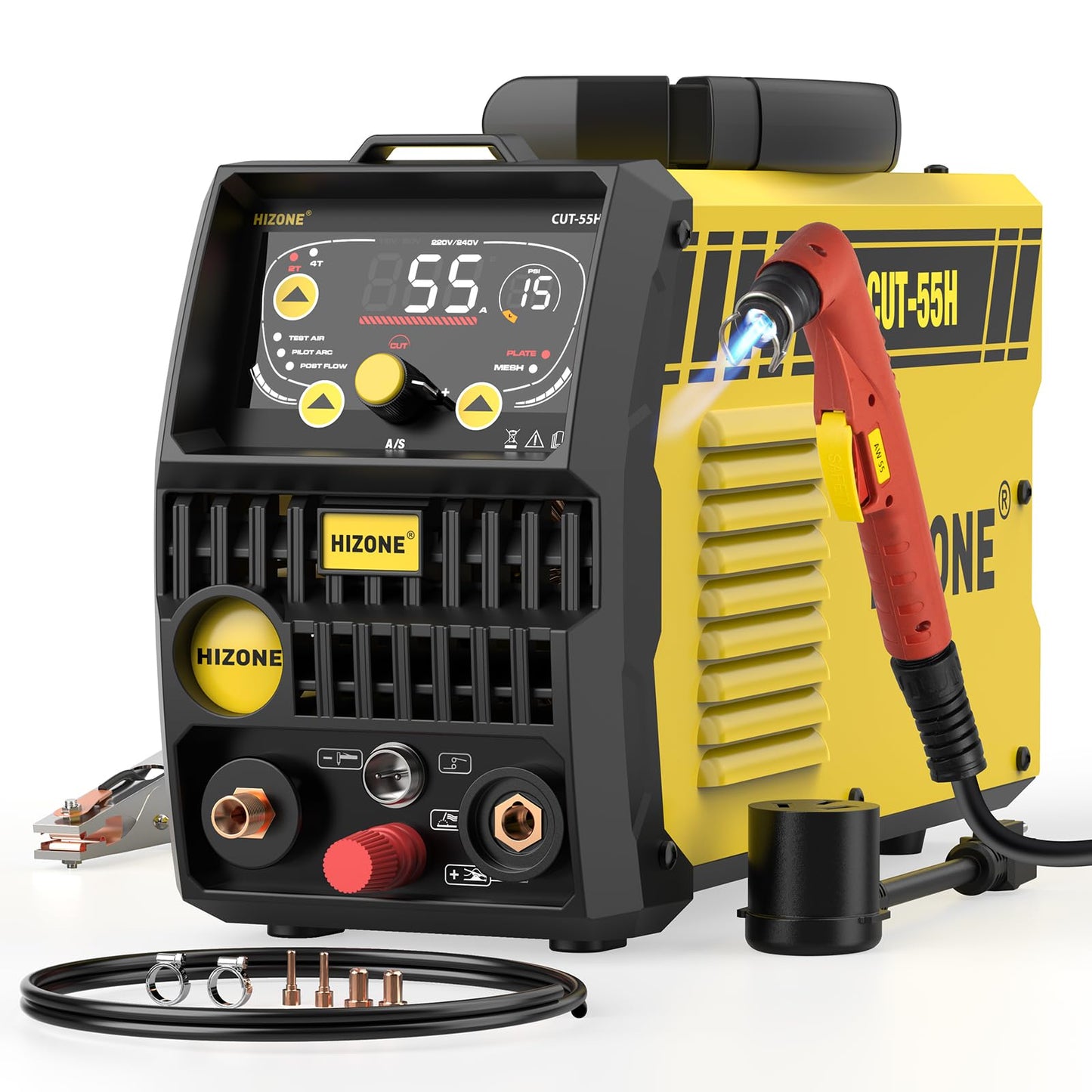 HIZONE 55A Plasma Cutter Machine, High Frequency Non-Touch Pilot Arc Plasma Cutting Equipment with LCD Display, 120/240V Cutting Machine, 2T/4T Function, Post Flow, 3/4" Max Cut, Ideal for Beginners