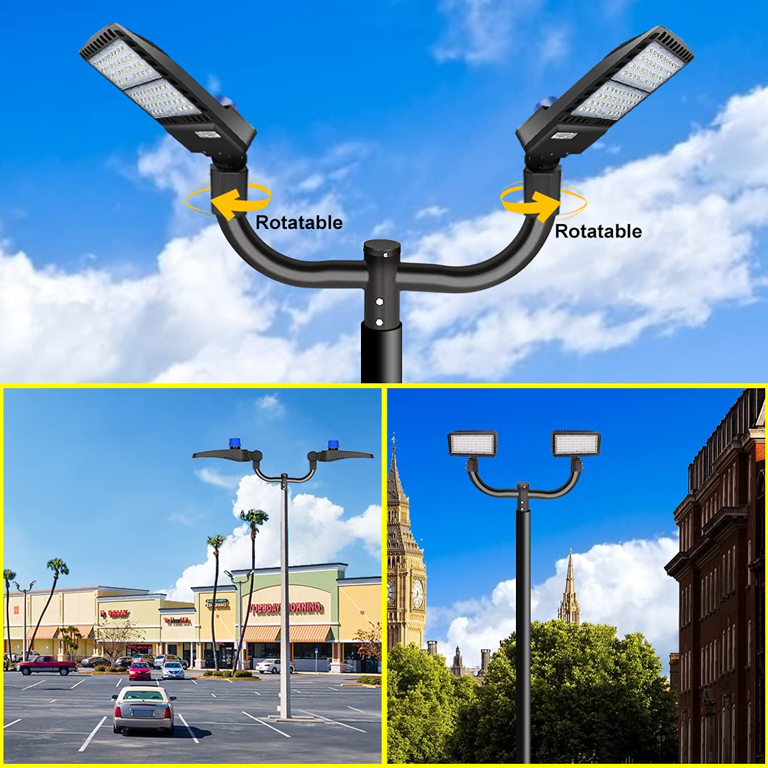 ledmo 4Pack 350W LED Parking Lot Light 52500LM IP65 5000K Commercial Street Security Light for Sport Warehouse Area with 2 Pack Double Bullhorn Bracket
