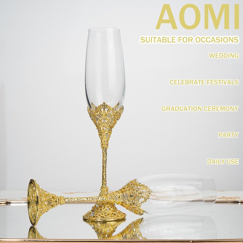AOMI Wedding Champagne Flutes Toasting Glasses Luxurious Crystal- Gold 7oz Studded Champagne Glasses Set – Elegant Etched Flute Pair with Gift Box, Perfect for Weddings, Anniversaries & Celebrations