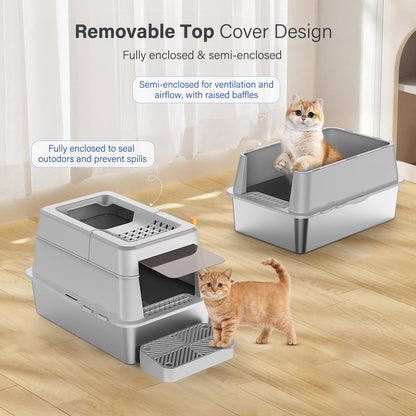 Aphyxen Stainless Steel Litter Box with Lid, XL Extra Large Enclosed Cat Litter Box for Big Cats 110° Flip Cover, Top Entry Metal High Sided Cat Box & Pedal & Scoop, Anti-Leakage (Grey)