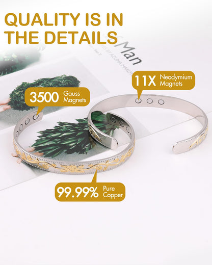 Feraco Copper Bracelet for Women, Ultra Strength Magnetic Bracelets, 99.99% Pure Copper Cuff Bangle with 3500 Gauss Neodymium Magnets, Adjustable (Silver & Gold)