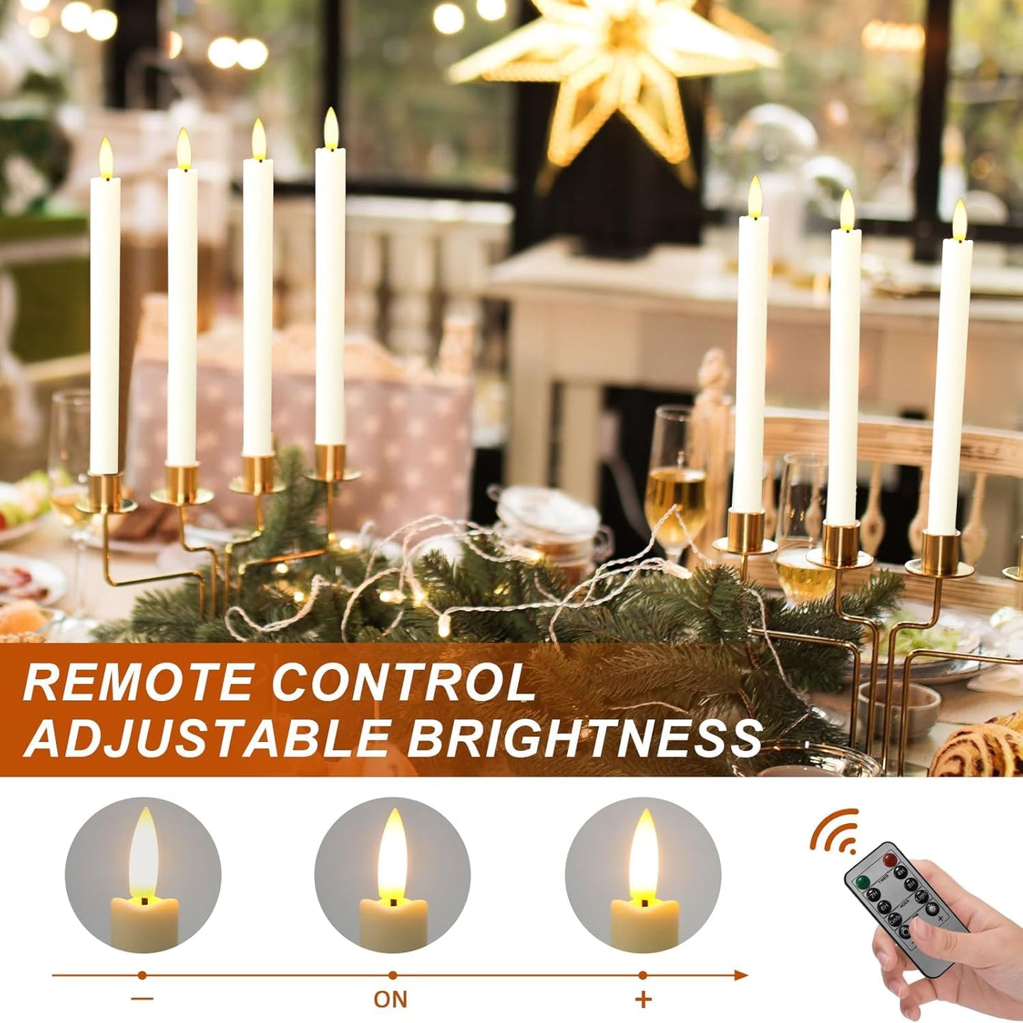 Sunjas 12PCS Flameless Taper Candles with 3D Flickering Flame Battery Operated Candles with 2 Remote with Button Cell Battery 10 Inch Ivory LED Candlesticks Window Candle for Christmas Home Decor
