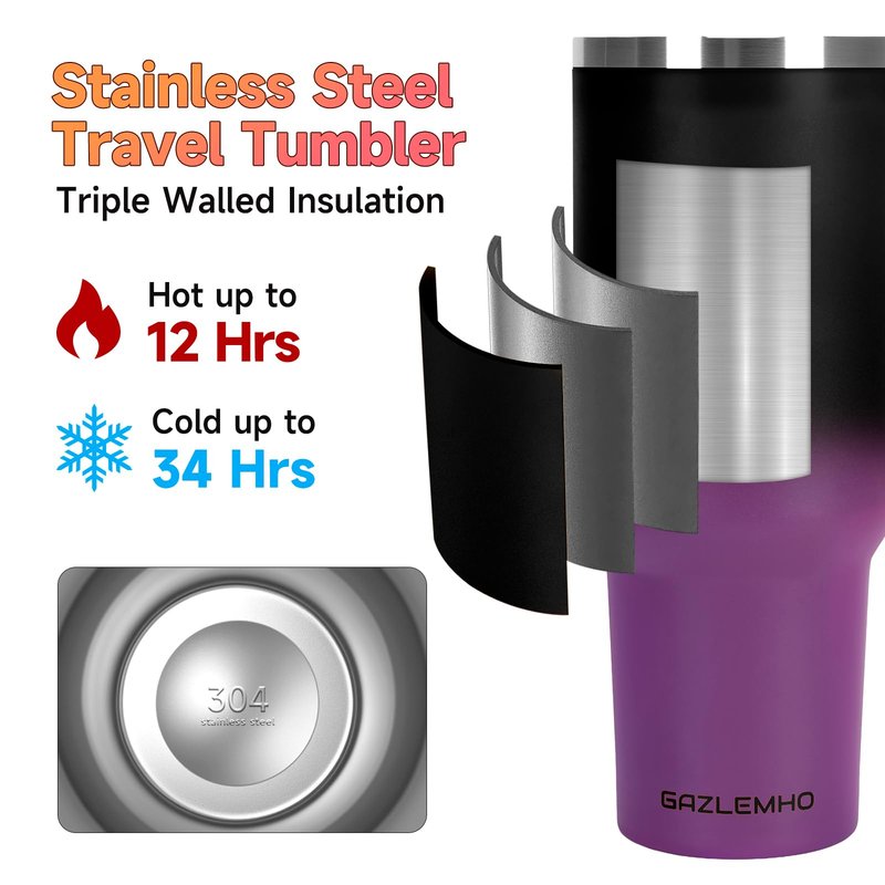 40oz Tumbler with Handle and Straw Spout 2-in-1 Lid, Spill Leak Proof Insulated Travel Cup Traveler Water Mug Keep Cold Hot, Dishwasher Safe Stainless Steel Bottle Gifts for Women Men, Black Purple