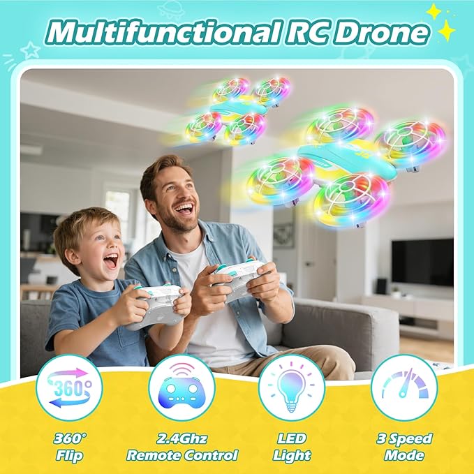 LED RC Drone for Kids 6+ Christmas Birthday Gift for Boys &amp Girls with Remote Batteries 360° Flip High Speed Mode 45 Min Flight Indoor and Outdoor Flying Toy - Blue Yellow
