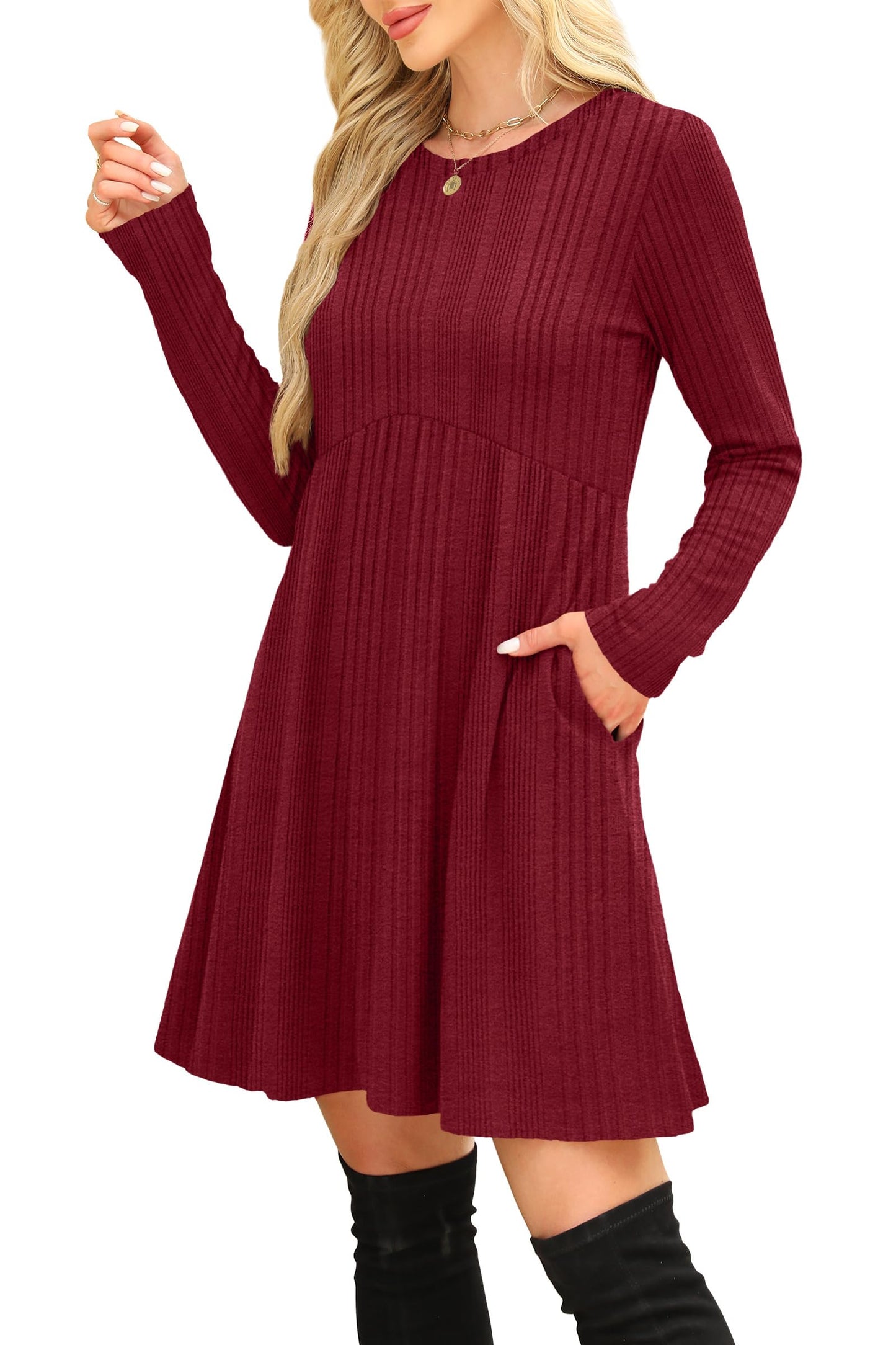 OFEEFAN Long Sleeve Dress for Women Crew Neck Empire Waist Tunic Dress with Pockets