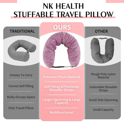 NK HealthCare Stuffable Travel Pillow, Stuffable Neck Pillow for Travel, Neck Pillow Stuffed with Clothes Storage - No Extra Baggage Fees, Fits 5+ Days of Travel Essentials, No Filler (Pink)