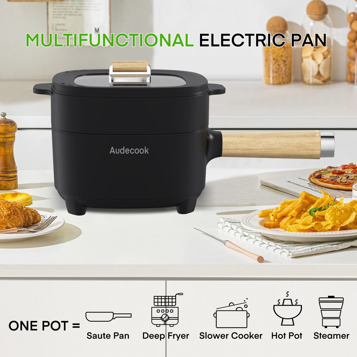 Audecook Hot Pot Electric 2L, Cermic Glaze Non-Stick Frying Pan 8 Inch, Portable Travel Cooker for Ramen/Steak/Fried Rice/Oatmeal/Soup, with Dual Power Control (Silicone Spatula Included)