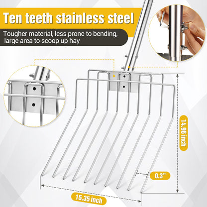 AugFir Pitchfork for Gardening, 50" Multifunctional Stainless Steel Garden Pitchfork with Handle, Suitable for Shoveling, Fertilizing, Transplanting, Mulching Garden Fork - 10 Tines