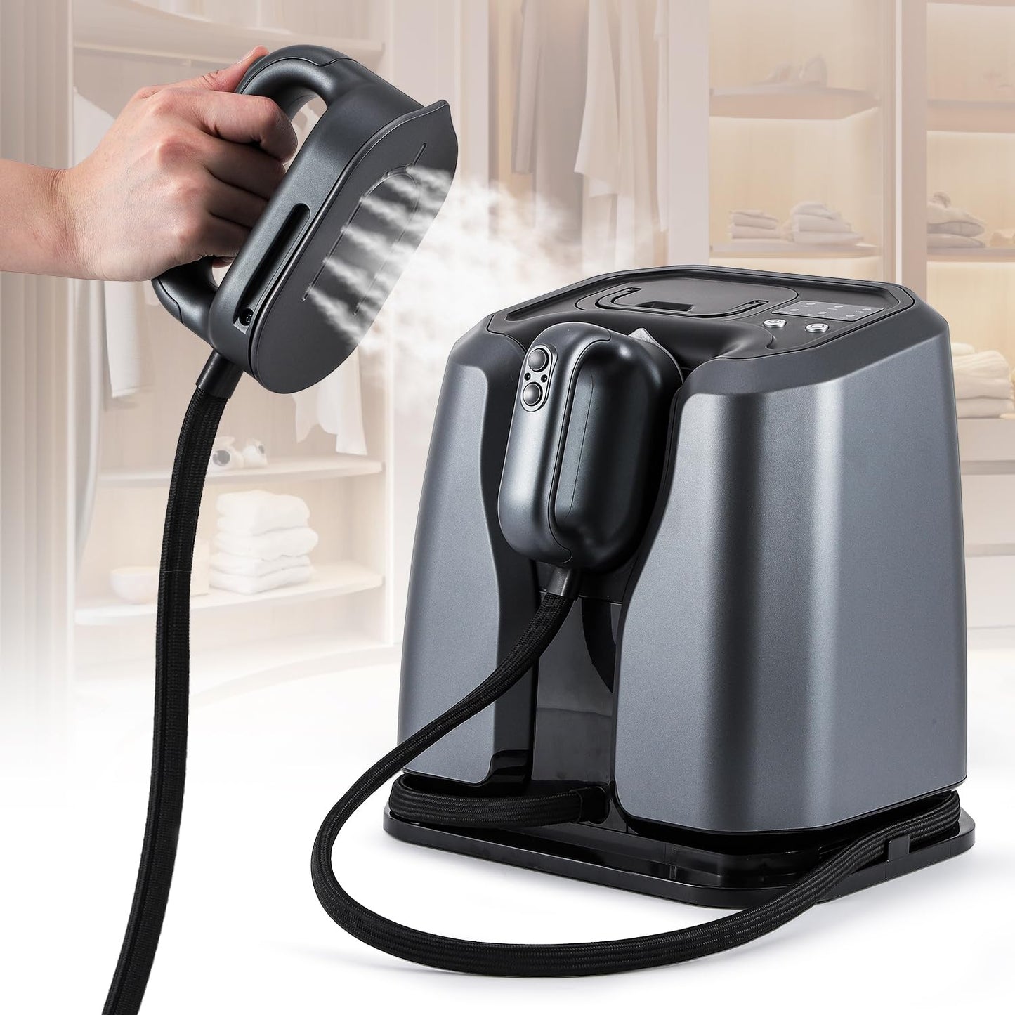 Hapyvergo 2200W Professional Steam Station, Dual Rapid Heat System, 1.2L Tank for 65mins Steam, 4 Steam Settings, Steam & Dry Iron Modes, Auto Shut-Off, Silver-Grey, Clothing Iron for Home