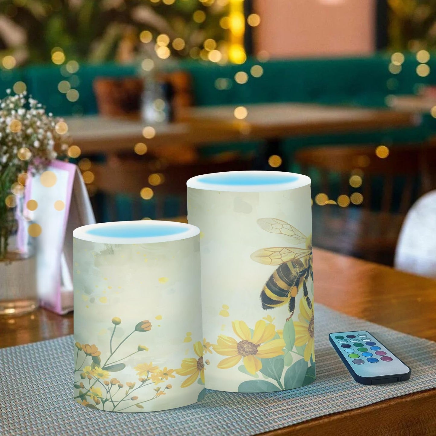 ALAZA Honey Bee Sunflower Flameless Candles Flickering LED Candles with Remote Timer Battery Operated Pillar Candles Set of 2 for Dinner Holiday Decor