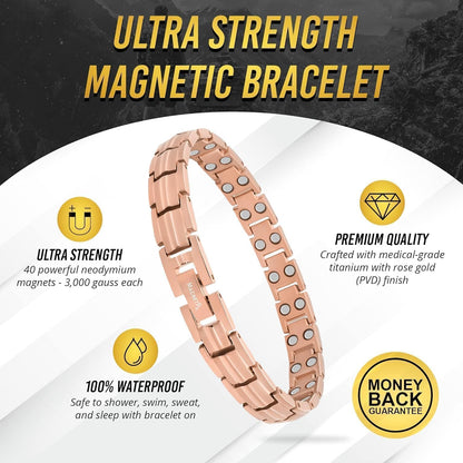 MagnetRX® Women's Ultra Strength Magnetic Bracelet – Effective Titanium Magnetic Bracelets for Women – Adjustable Length with Sizing Tool for Perfect Fit (Rose Gold)