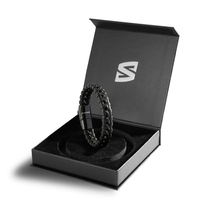 SERASAR 8″ Black Leather Bracelets for Men Mens Cowhide Gift Box Braided Bracelet Stainless Steel Jewelry Wrist Band Cuff Wrap Rope Bangle Dad Man Pulseras para Hombres Cuero Regalo