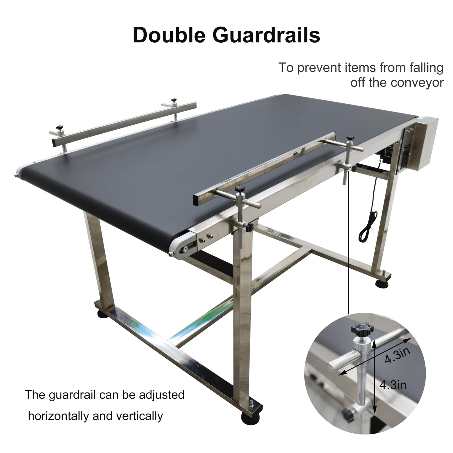 BREVELTION PVC Flat Belt Conveyor Stainless Steel Industrial Transport Conveyor Adjustable Speed Conveyor with Double Guardrails Conveyor Length 59inch Width 27.5inch Load 55LBS 250W