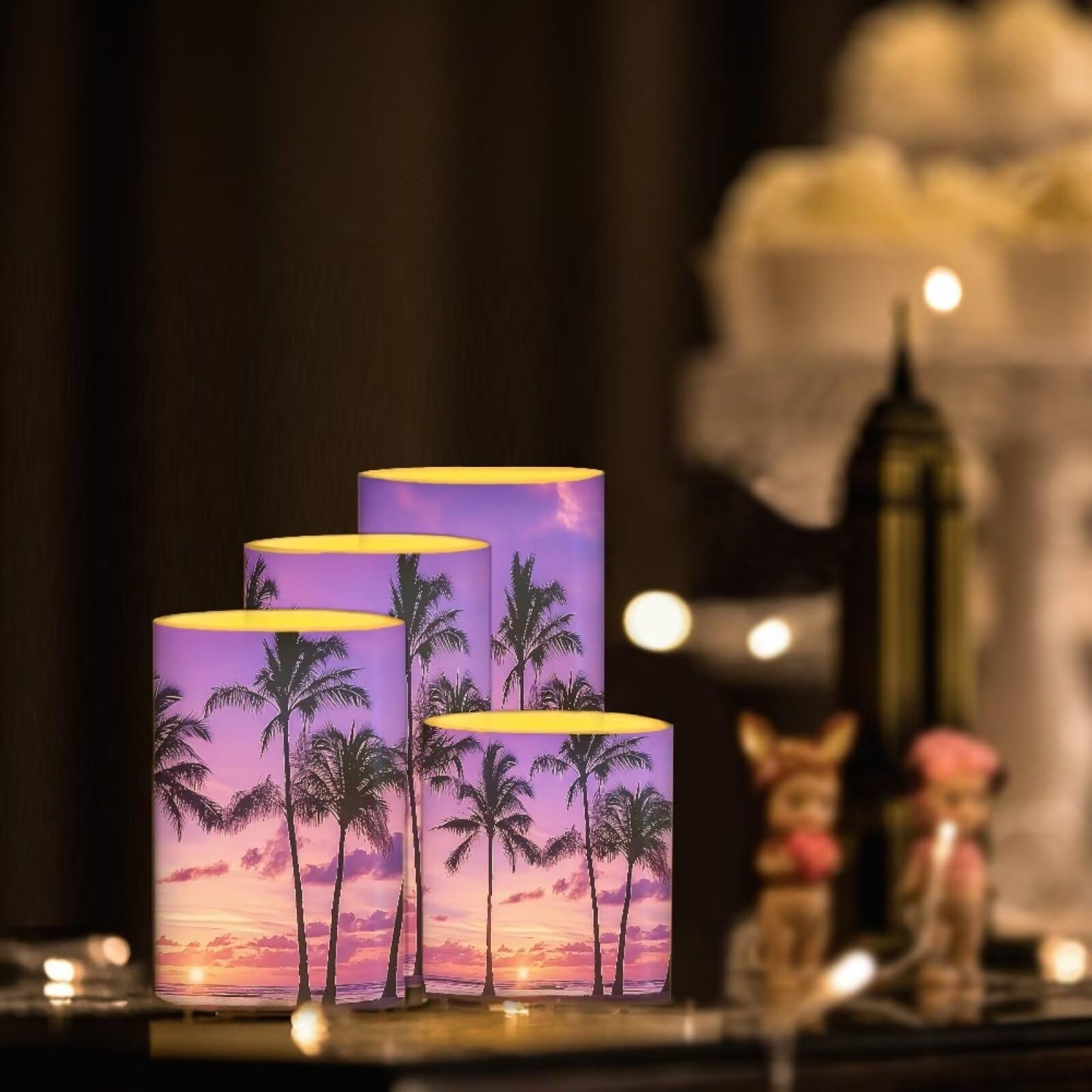 Merkmak Coconut Tree Battery Operated Candles with Timer 4 Pack Flameless Candles with Remote Outdoor Porch LED Lamp for Beach Wedding Coastal Home Decorations