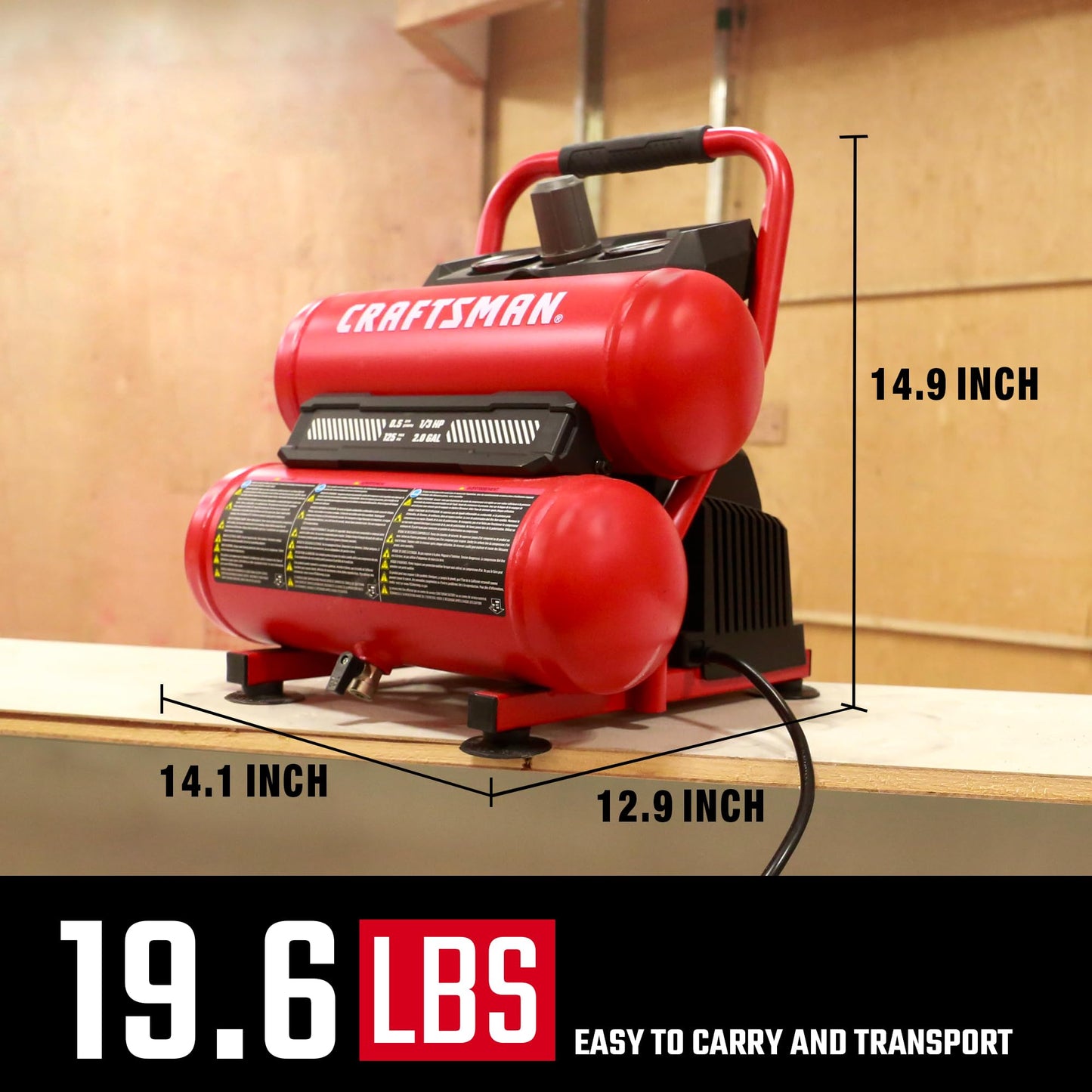 Craftsman 2-Gallon Air Compressor, 1/3 HP Oil-Free Twin Tank, 125 PSI Max – Portable & Quiet Air Tool for Home DIY, Tire Inflation, Nailing & Spray Painting, Compact for Easy Storage