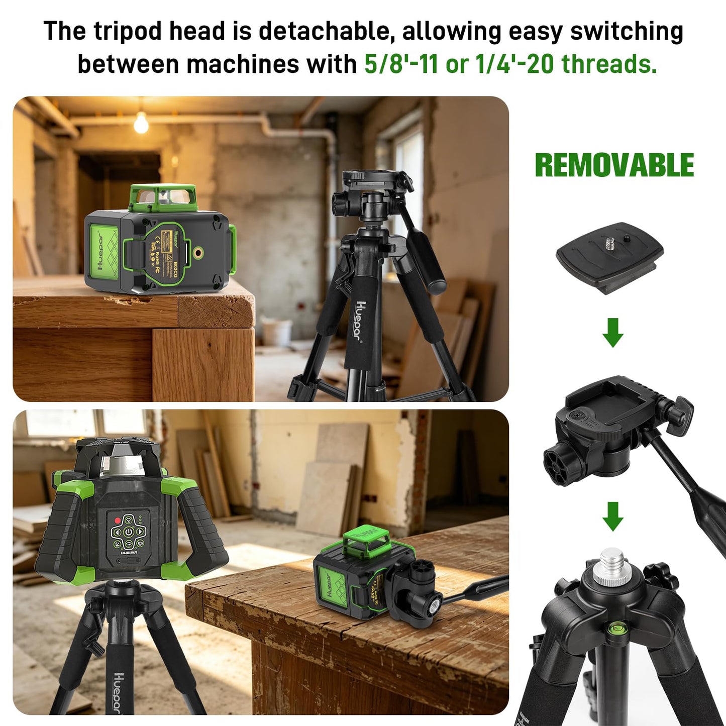 Laser Level 360 Self Leveling with 50" Tripod, Huepar 3x360° High Brightness Green Laser Leveler Tool for Construction, Tile and Picture Hanging, 5200 mAh Li-ion Battery & 2 Portable Bag Included
