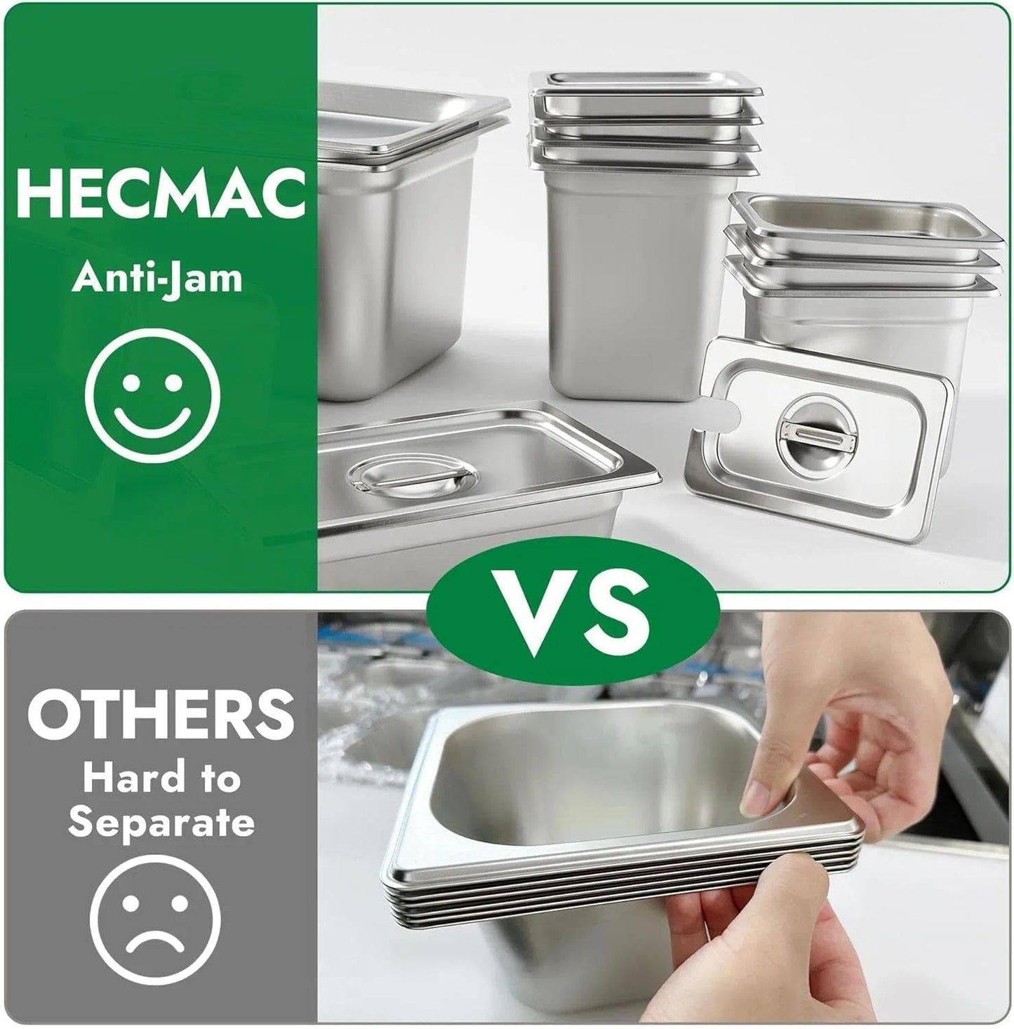 HECMAC 6 Pack Anti-Jam Hotel Pans, Full Size 6 Inch Deep, Commercial Stainless Steel Chafing Steam Table Pan, Catering Storage Metal Food Pan, 23 Gauge