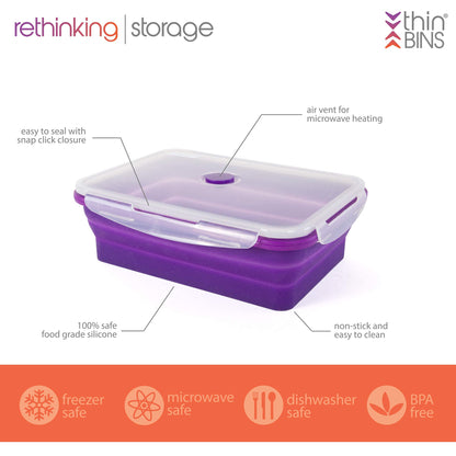 Thin Bins Collapsible Containers Set of 4 Round Silicone Food Storage Containers BPA Free, Microwave, Dishwasher and Freezer Safe - No more cluttered container cabinet! SC-149A